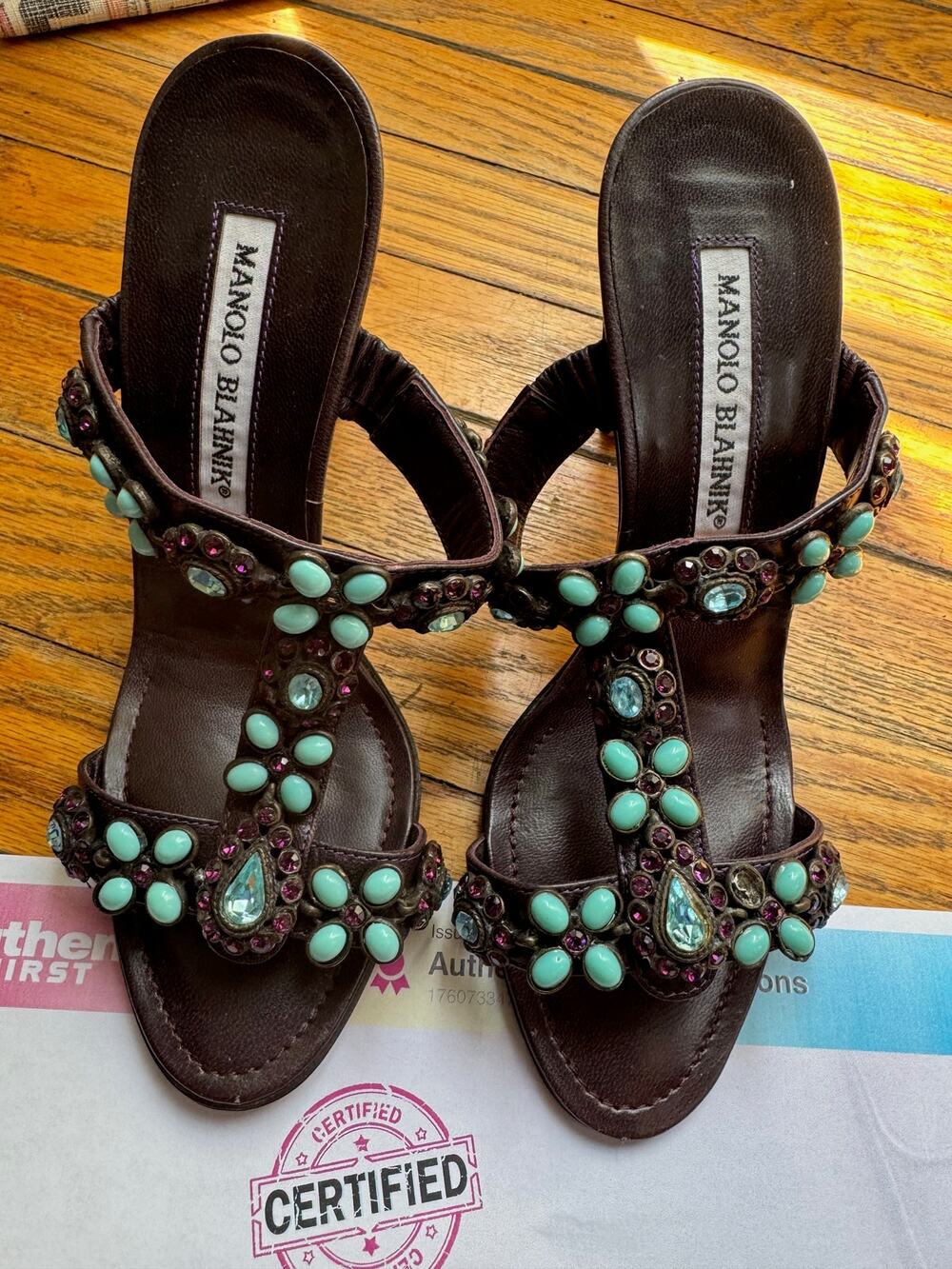 Manolo Blahnik y2k vintage Turquoise Jeweled Embellished Sandals Heels 35.5